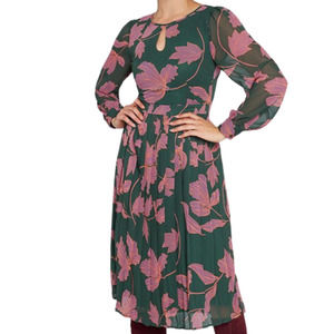 Modcloth Green Long-Sleeve Dress with Pink Floral Motif